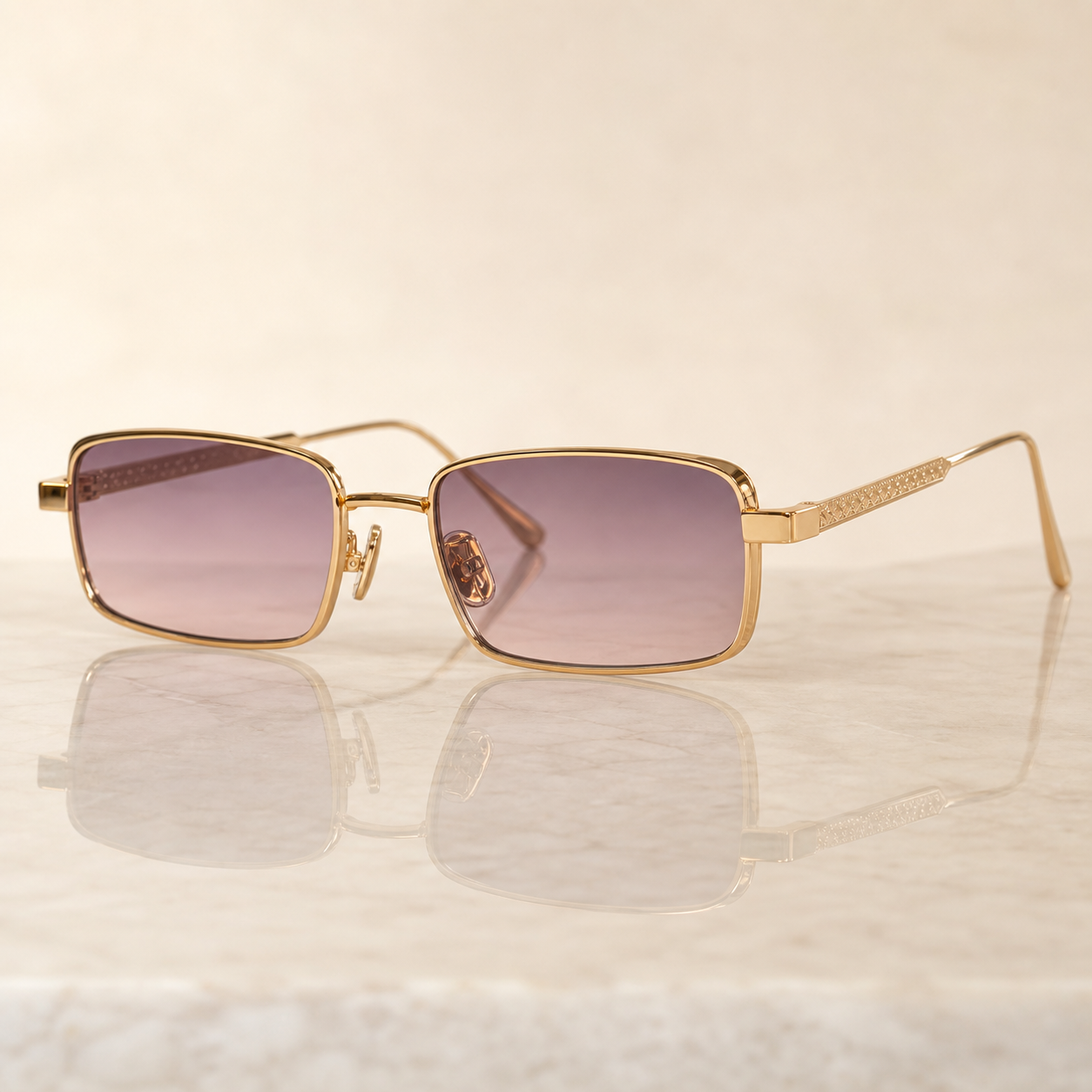 Lunettes de soleil rectangulaires luxe — Verres roses dégradés & branches dorées