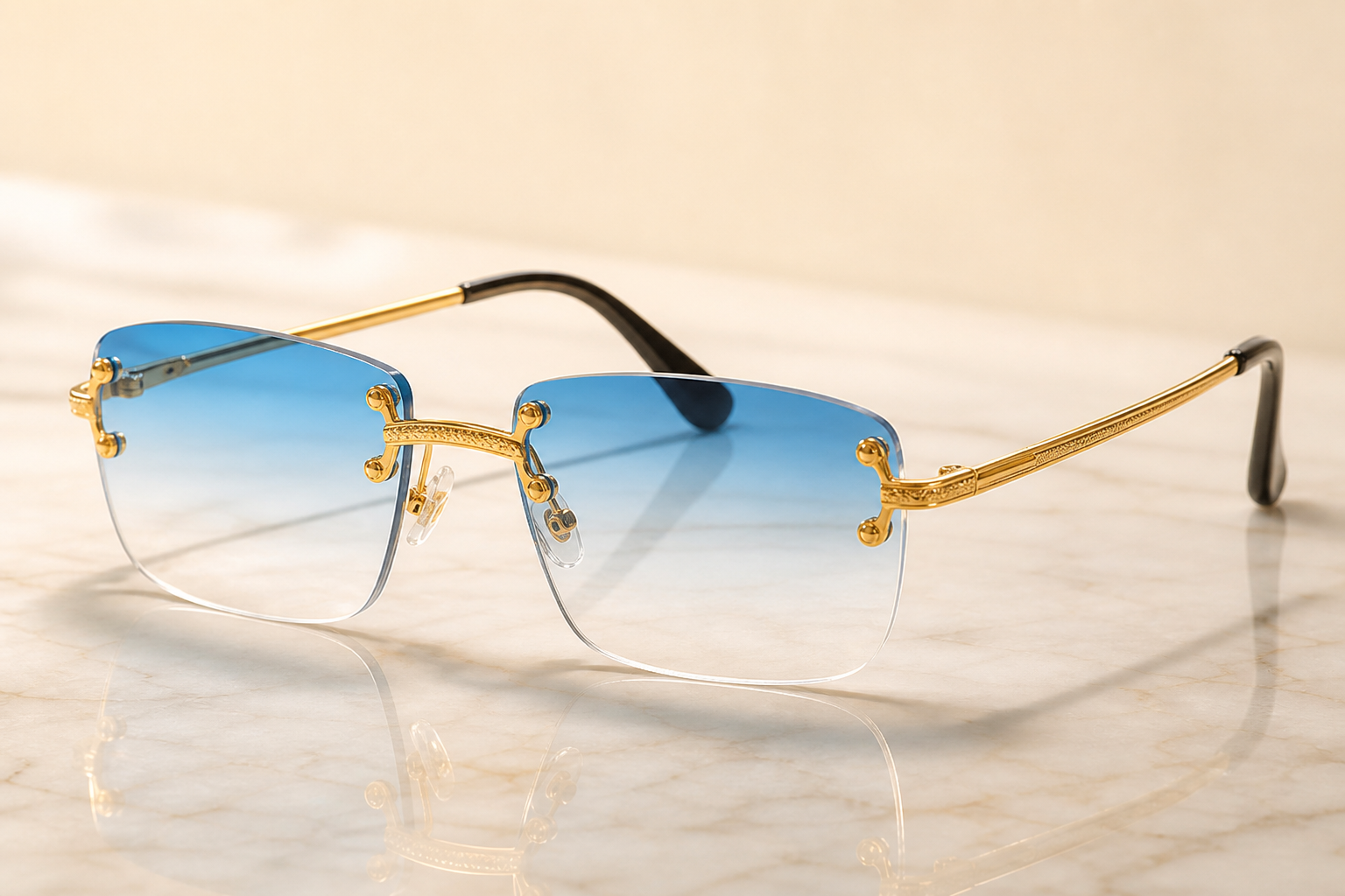 Lunettes de soleil carrées sans bords — Verres bleus polarisés & branches argentées